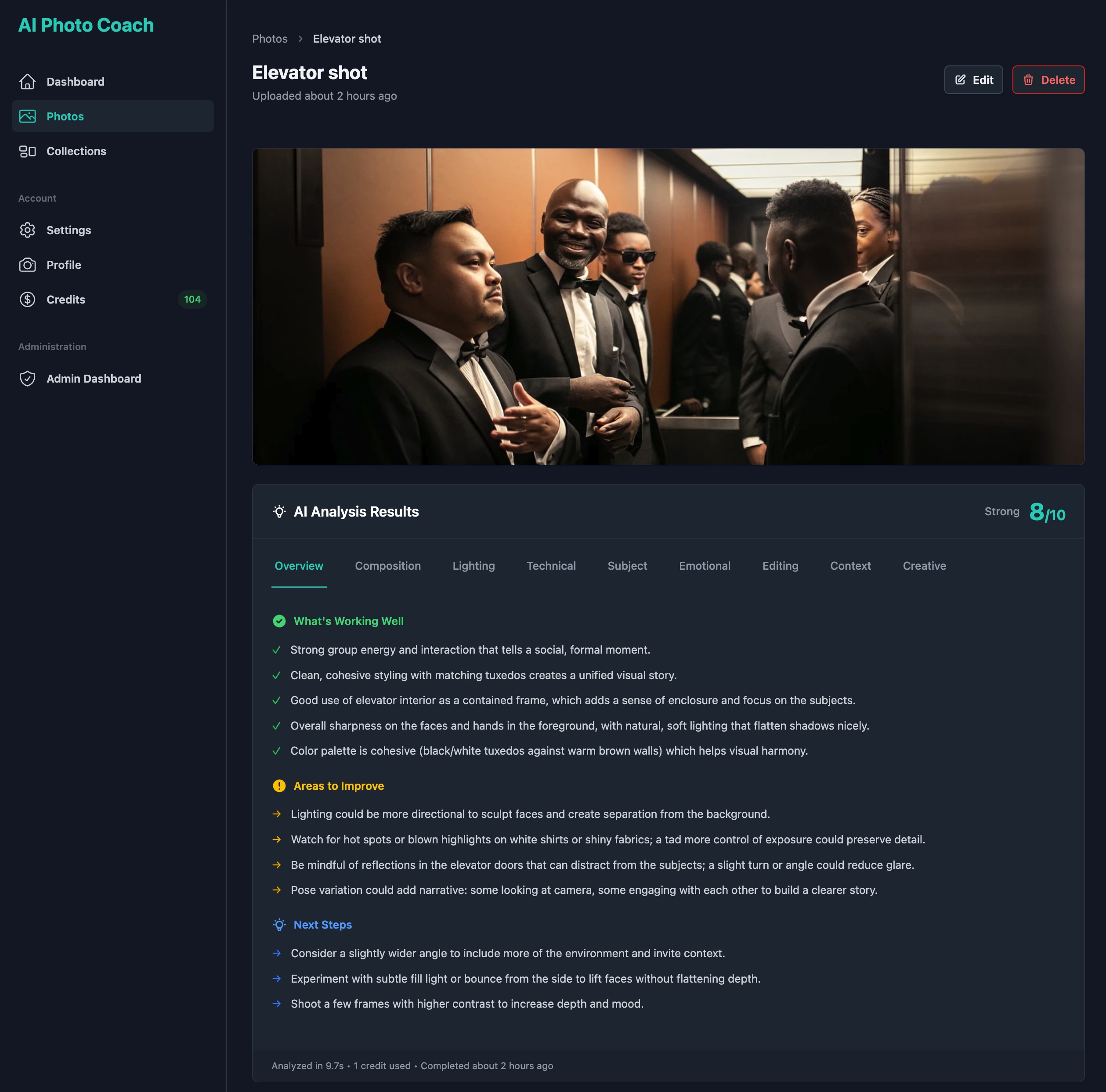 Photo Coach interface in dark mode
